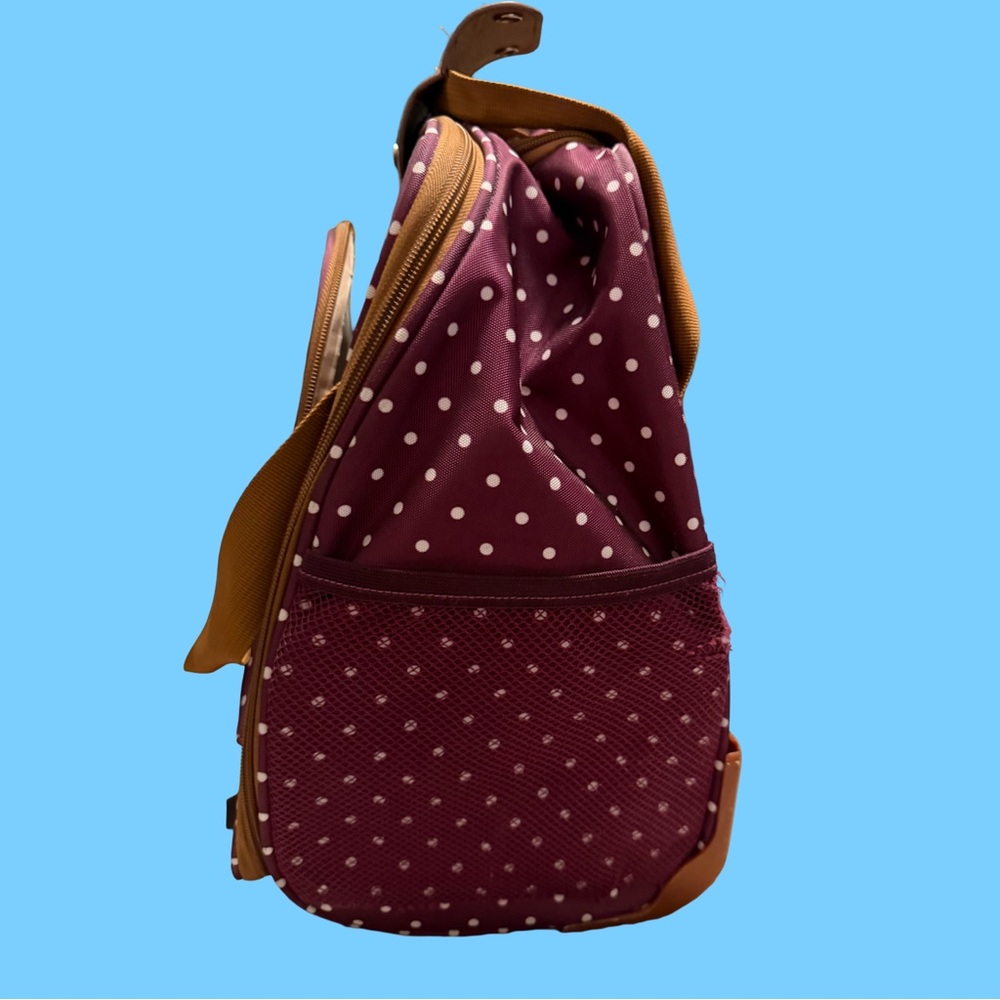 Jessica Simpson Burgundy Polka Dot Rolling Travel Bag with Tan Straps - Picture 7 of 8